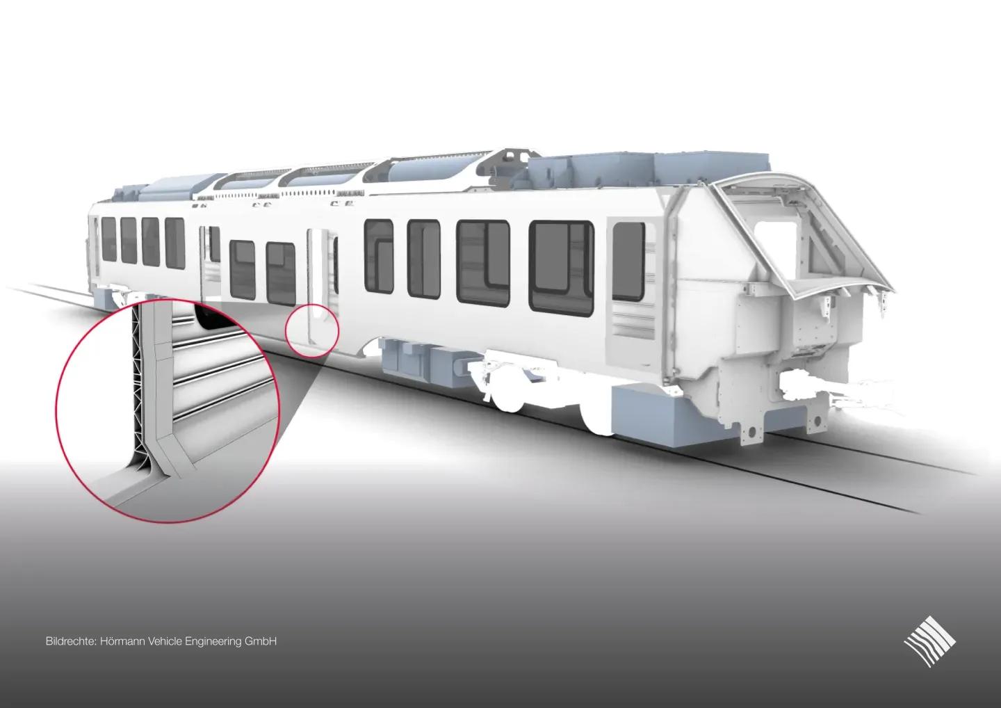 3D-Rendering eines modernen Schienenfahrzeugs mit topologie-optimiertem Wagenkasten für alternative Antriebssysteme, wie Wasserstoff- und Batterietechnologie, von HÖRMANN Vehicle Engineering