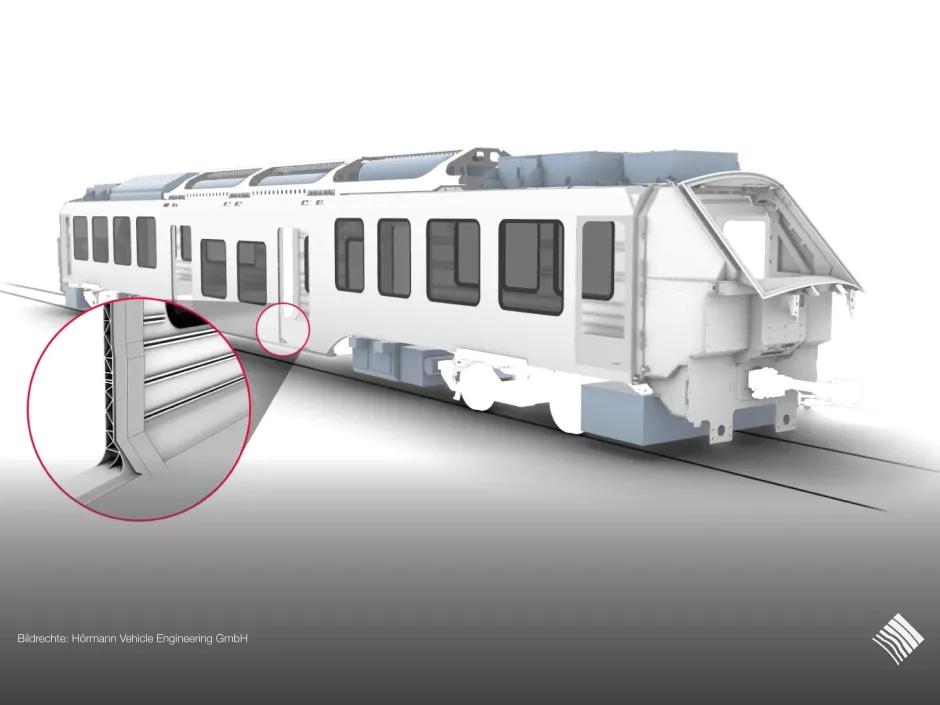 3D rendering of a modern rail vehicle with topology-optimized vehicle body for alternative drive systems, such as hydrogen and battery technology, by HÖRMANN Vehicle Engineering